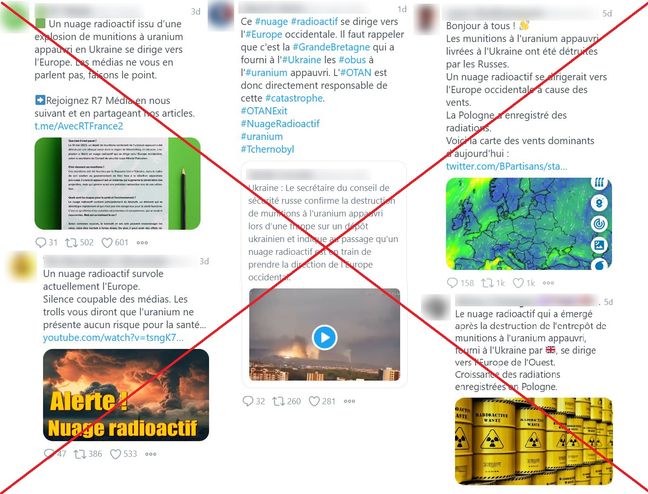 Screenshots of tweets relaying false information about a "radioactive cloud" which would head for Western Europe.